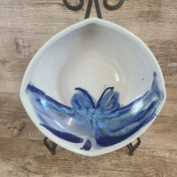 Handmade Other - Studio Hand Made Artisan Signed Pottery Rounded Square Bowl Blue Butterfly Glaze